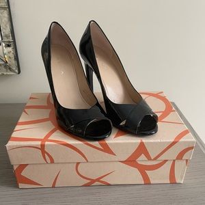 Via Spiga Rosaura Black Patent Peep Toe Heels